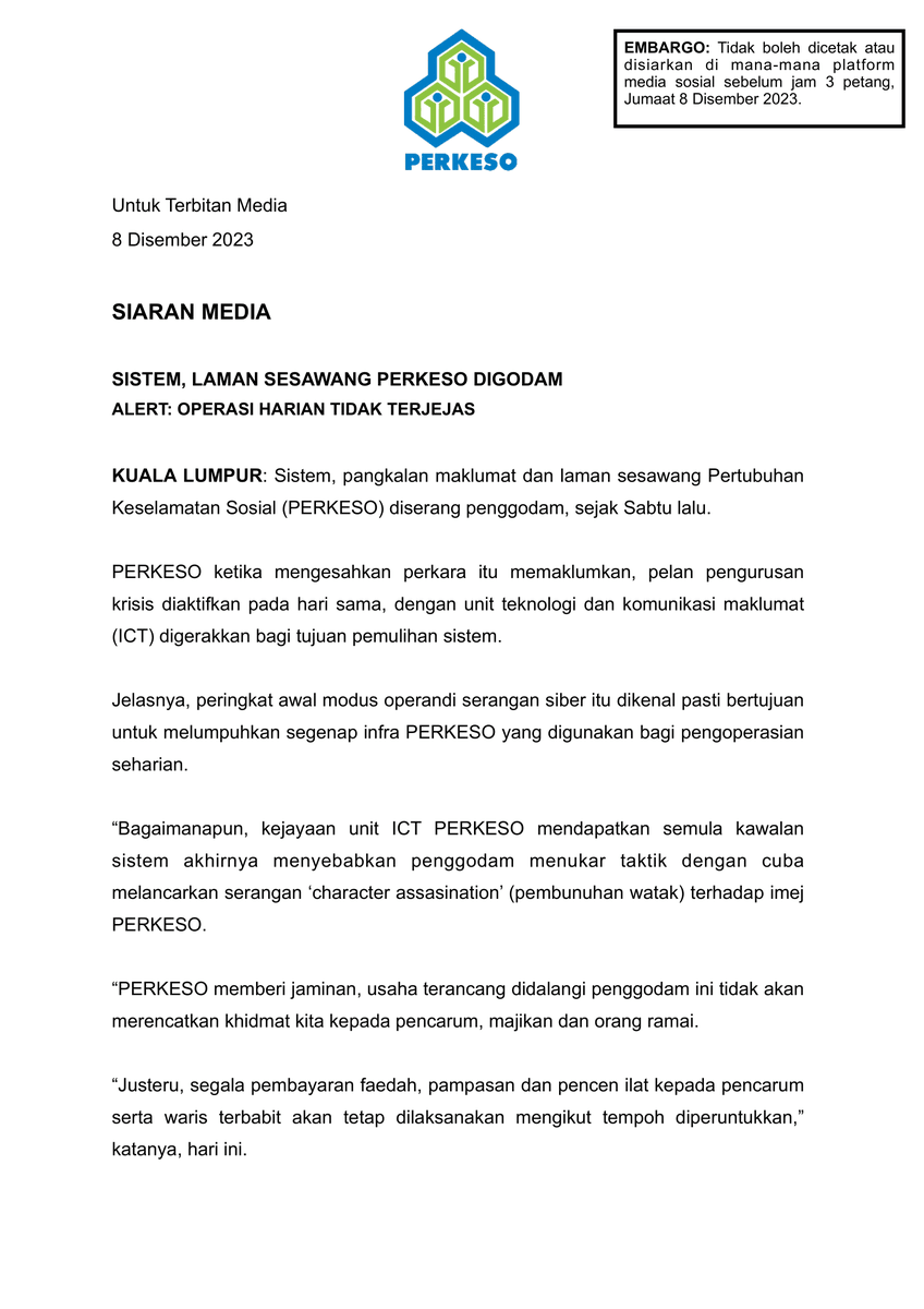 NewsBFM's tweet photo. 1. Socso has confirmed that its system, database and website were hacked on Saturday.

It activated a crisis management plan on the same day.

“Peringkat awal modus operandi serangan siber bertujuan untuk melumpuhkan infra PERKESO yang digunakan bagi pengoperasian seharian.” https://t.co/m8iPq4hBmk