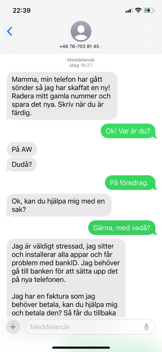 Via SMS från +46 76-703 81 45 tjatade en bedragare om att jag skulle installera Swish på mobilen och skicka över 15 000 för MacBook Pro och ny mobil. Polisanmält. Var försiktiga!