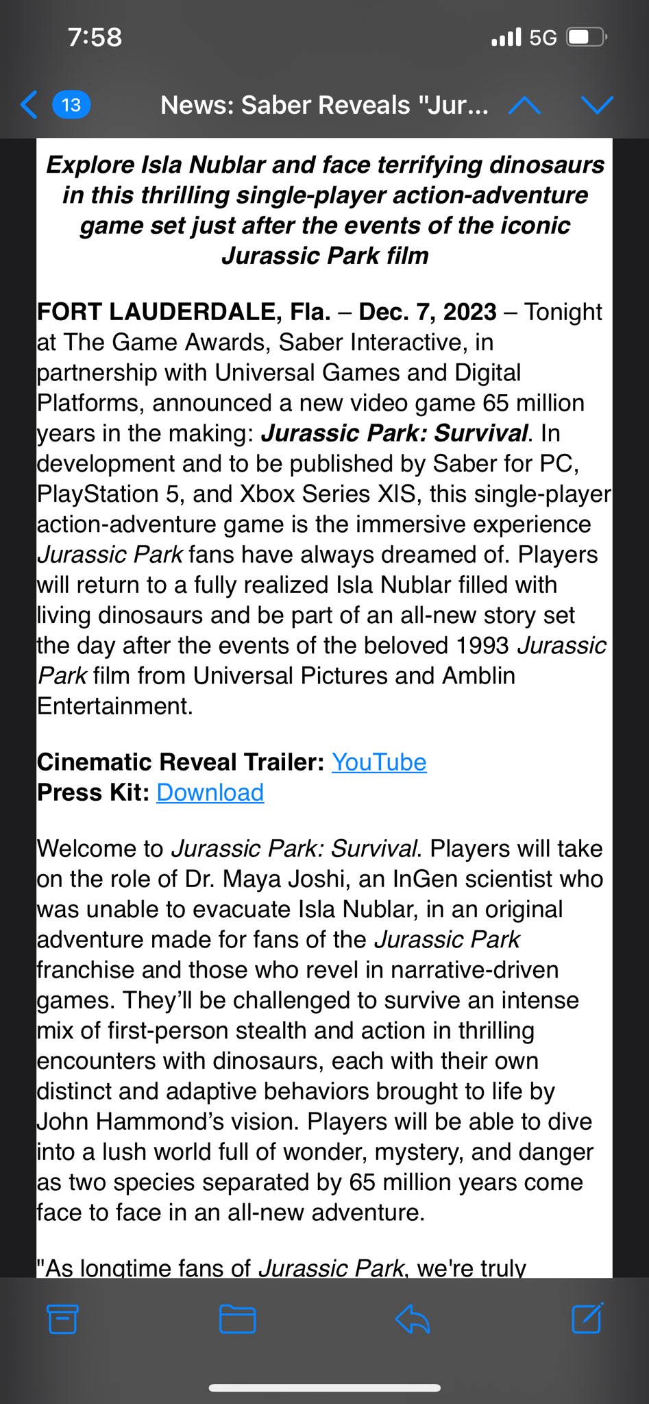 Ryan McCaffrey on X: Press release for Jurassic Park Survival is in. This  sounds like my jam.  / X