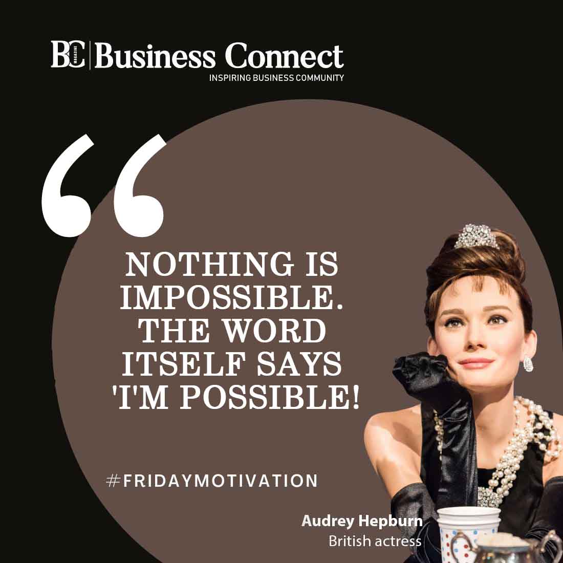 'Nothing is impossible. The word itself says 'I'm possible!''-Audrey Hepburn

#audreyhepburn #classicbeauty #timelessstyle #hollywoodicon #vintageglam #audreyinspiration #fashionlegend #filmicon #quote #elegancepersonified #breakfastattiffanys #gracefulactress  #today