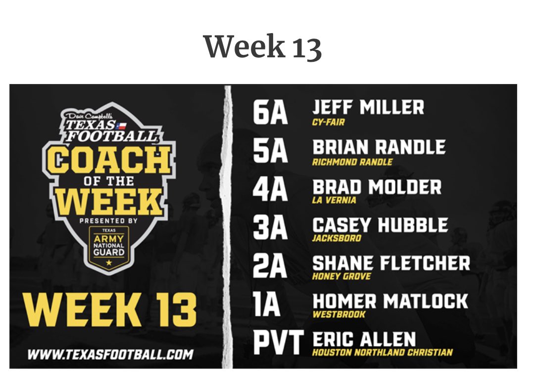 Eric Allen (@coach_ea31) on Twitter photo Thank you to <a href="/dctf/">Dave Campbell's — TexasFootball.com</a> and <a href="/TexasGuard/">Texas National Guard</a> for being named the Week 13 PVT school Coach of the week! What a great honor! #TapIn
<a href="/ncs_athletes/">ncs.athletes</a> Thank you to <a href="/dctf/">Dave Campbell's — TexasFootball.com</a> and <a href="/TexasGuard/">Texas National Guard</a> for being named the Week 13 PVT school Coach of the week! What a great honor! #TapIn
<a href="/ncs_athletes/">ncs.athletes</a>