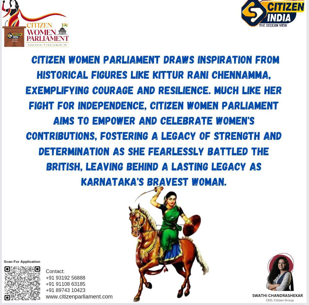 citizenindia_tv's tweet photo. Kittur Rani Chennamma: Trailblazing leader, defied norms, her legacy lives on in citizen women parliament, a symbol of strength shaping history. #KitturRaniChennamma 
#citizenwomenparliament
#CWP2024 
#PMOIndia
#rashtrapatibhvn 
Register- 
https://t.co/bHlDPJ2uY1 https://t.co/iVoPjwvMNi