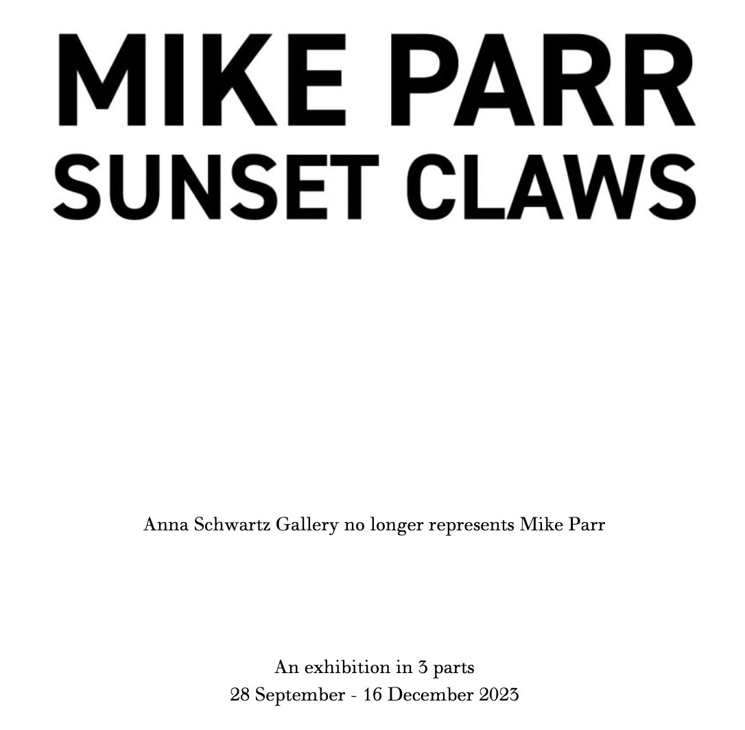 m__a__h__n's tweet photo. The funniest thing about Anna Schwartz dropping Mike Parr is that, due to the nature of artist-gallery contracts, Anna Schwartz Gallery has to show the performance documentation until 16 December and (presumably) advertise it on her website (📷). Hence the note. 1/ https://t.co/AirArRXeoj