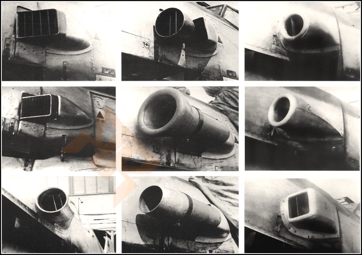 Swiped from a FB group on the Messerschmidt BF 109 and of potential interest to hard surface people: Different experimental revisions to the supercharger intake of the prototype F variant. 