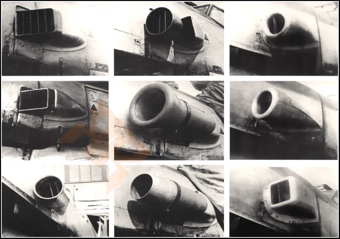 Swiped from a FB group on the Messerschmidt BF 109 and of potential interest to hard surface people: Different experimental revisions to the supercharger intake of the prototype F variant. 