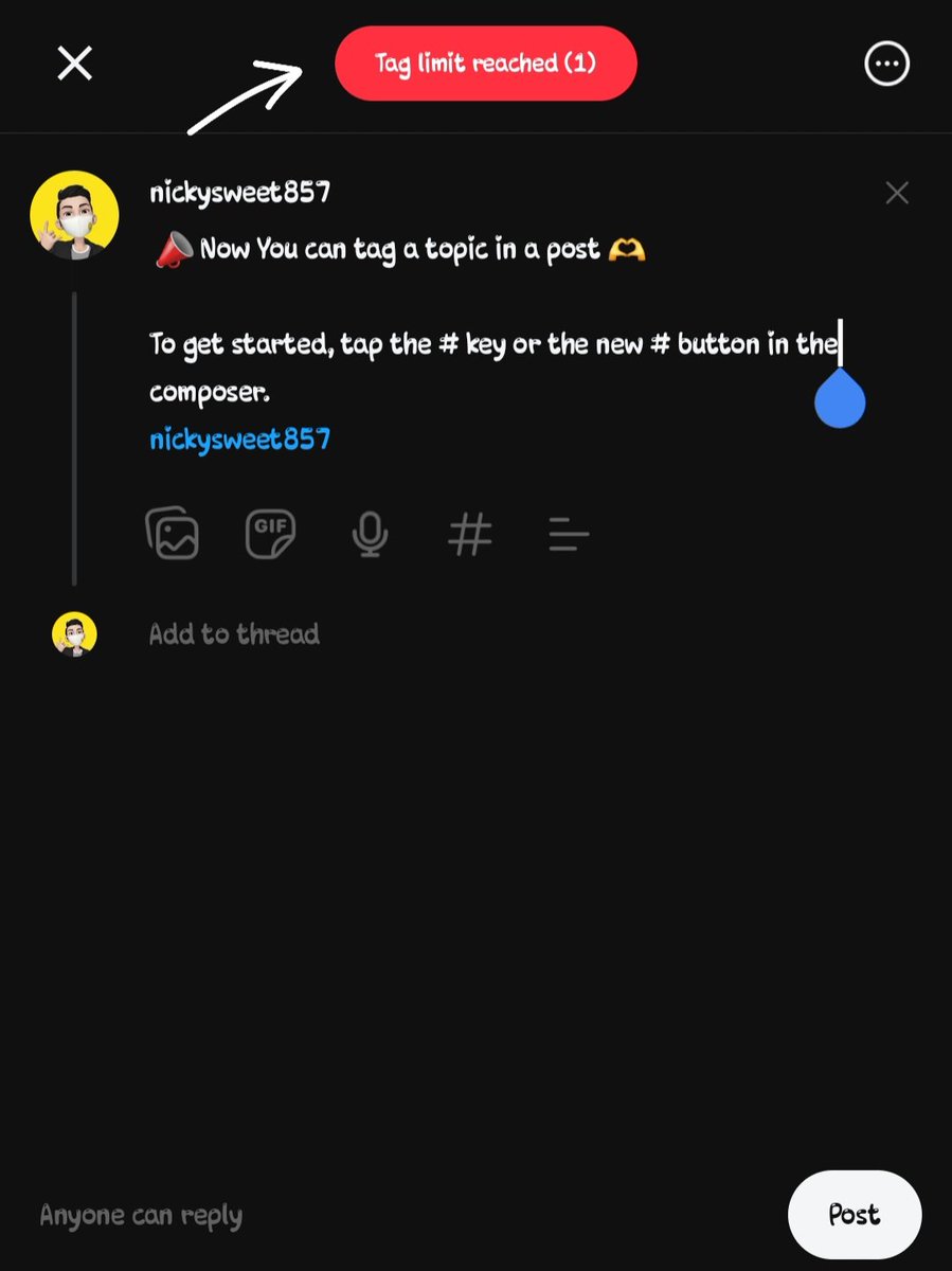 nickysweet857's tweet photo. 📣 Now You can tag a topic in a post 🫶
To get started, tap the # key or the new # button in the composer.
♦️ But Tag Limit - 1
https://t.co/Nj70l7Xbok
#Therads https://t.co/iwKxAsIc4Q