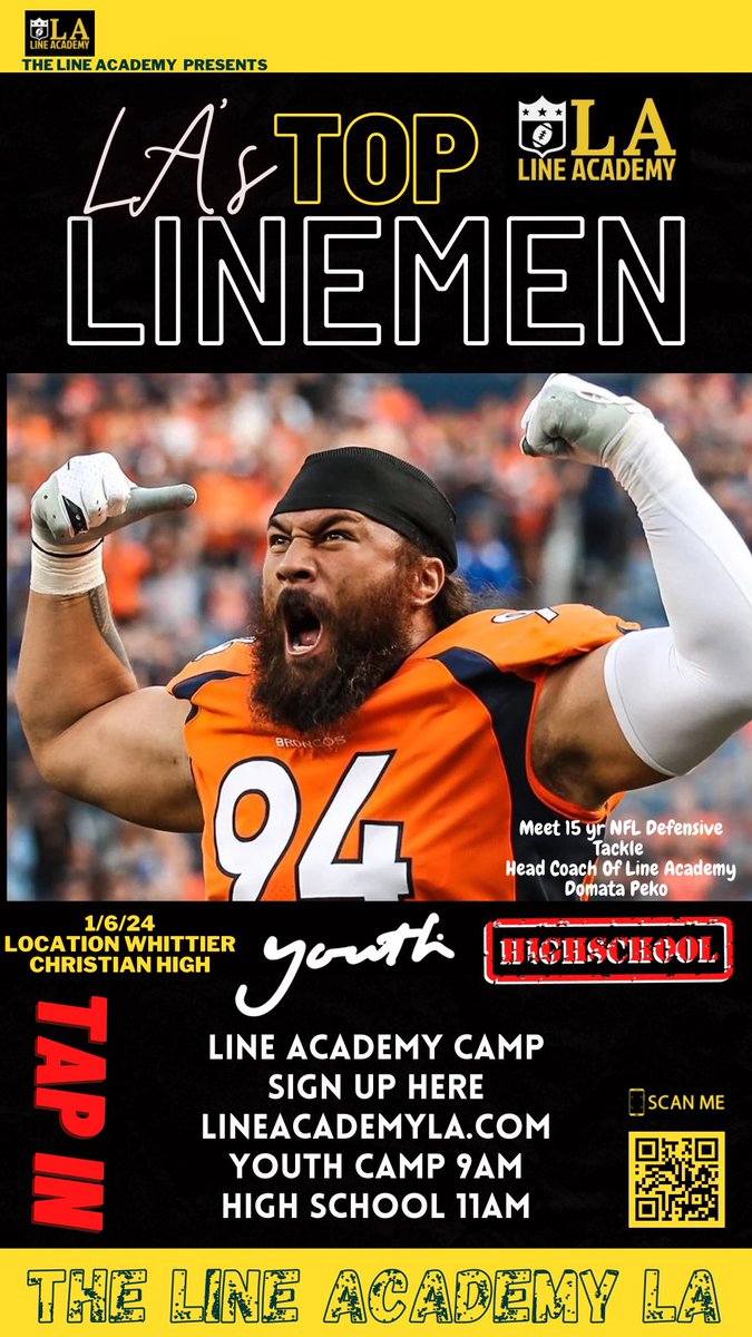 Tap in 2024 Line Academy presents LAs Top Linemen 🏈Camp . In my Hometown Of Whittier California I’m coming HOME !! 📍 Whittier Christian HS Saturday1/6/24 . Register LineAcademyLA.com A Youth Camp 930am and a High School Camp 11am. #footballcamp