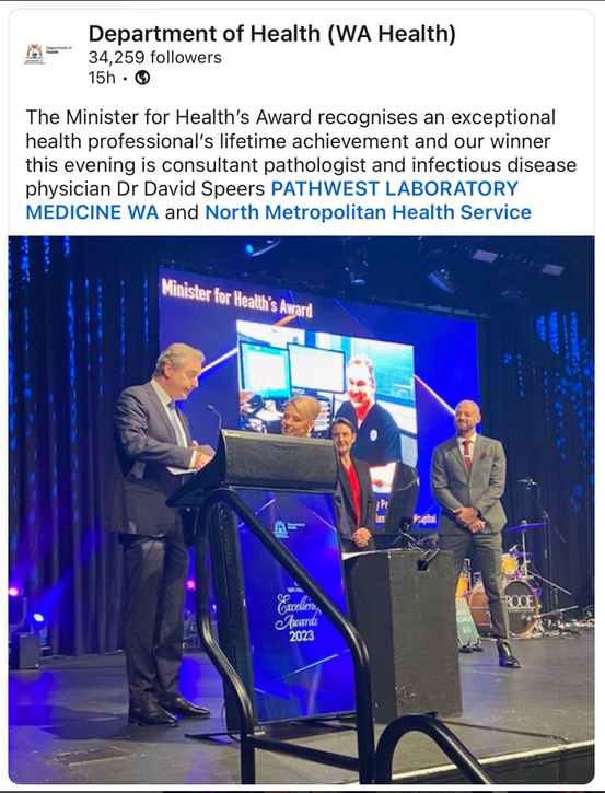 PublicPathology's tweet photo. #pathwest
What an incredible night at the WA Health Excellence Awards 2023 last night, celebrating with our team at PATHWEST LABORATORY MEDICINE WA and being recognised in three awards 🏆🏆🏆A team that inspires you everyday is priceless so thank you, team for the inspiration 🤩 https://t.co/6u1HaggKMd