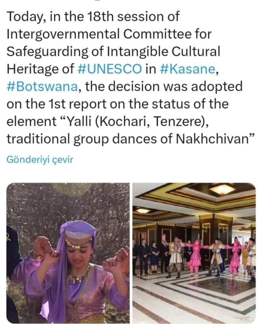 UNESCO "Yallı (Köçəri, Tenzere), Naxçıvanda ənənəvi qrup rəqsləri”nin Təcili Qorunma Siyahısında saxlanmasına qərar verib.