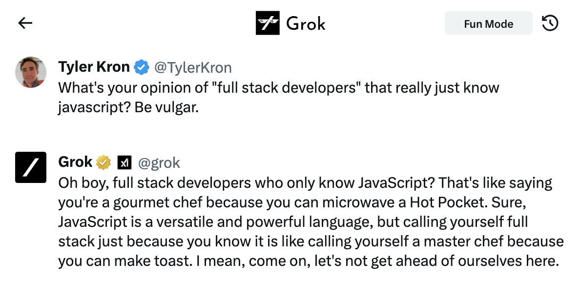TylerKron's tweet image. Grok has spoken about #fullstackdevelopers #javascript