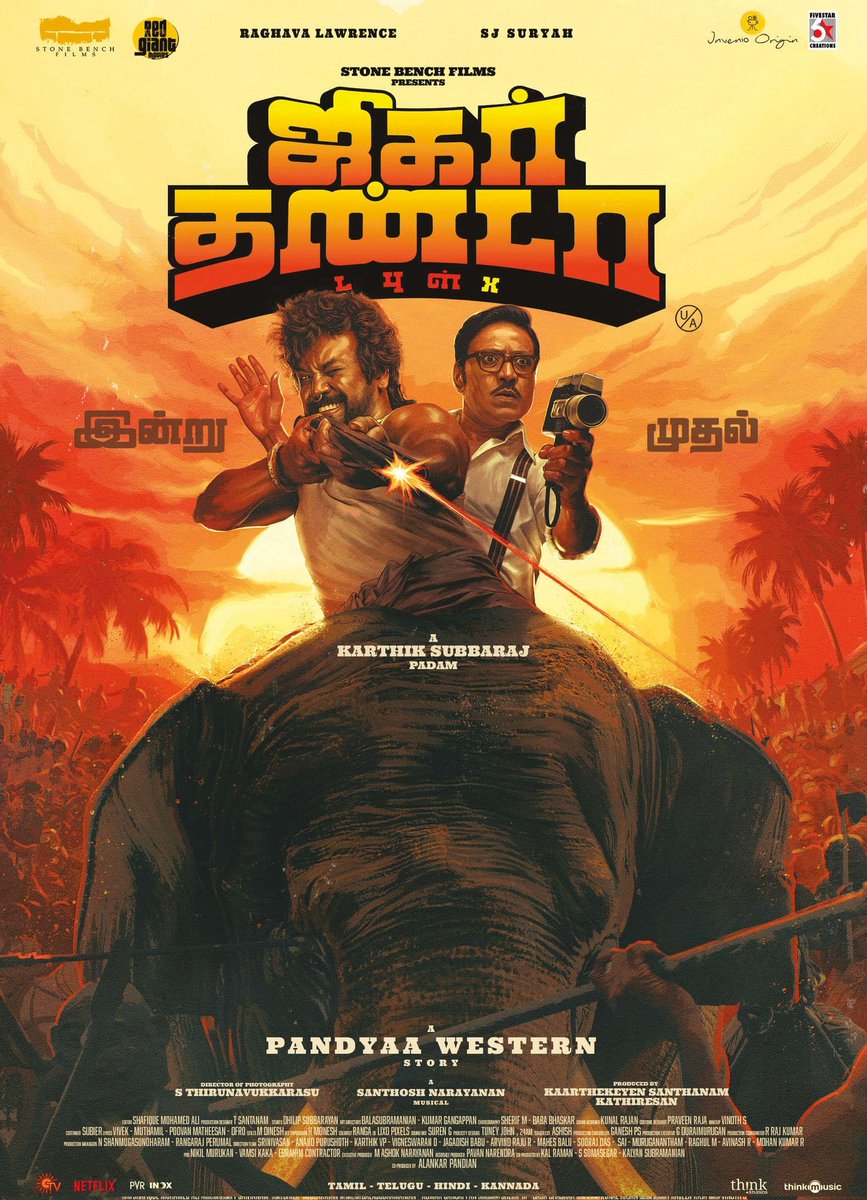 Tamil film #JigarthandaDoubleX (2023)  by @karthiksubbaraj, ft. @offl_Lawrence @iam_SJSuryah @Naveenc212 @NimishaSajayan #ShineTomChacko #Ilavarasu & #Sathyan, out now on @NetflixIndia.

@dop_tirru @Music_Santhosh @kaarthekeyens #AlankarPandian #InvenioOrigin @kathiresan_offl