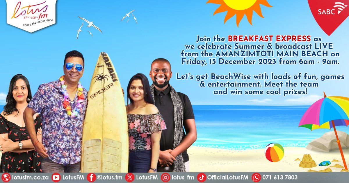 @LotusFM (@lotusfm) on Twitter photo Let's go down to the beach ๐๏ธ๐ด๐๐๐ถ
<a href="/ONeilNair1/">O'Neil Nair</a> <a href="/ShaastraN/">Shaastra Nagesar</a> <a href="/iamyashika/">yashika</a> <a href="/thobi_dlamini/">Thobani Dlamini</a> <a href="/SABCPortal/">SABC</a> #beach #durban #toti #summer #summervibes Let's go down to the beach ๐๏ธ๐ด๐๐๐ถ
<a href="/ONeilNair1/">O'Neil Nair</a> <a href="/ShaastraN/">Shaastra Nagesar</a> <a href="/iamyashika/">yashika</a> <a href="/thobi_dlamini/">Thobani Dlamini</a> <a href="/SABCPortal/">SABC</a> #beach #durban #toti #summer #summervibes