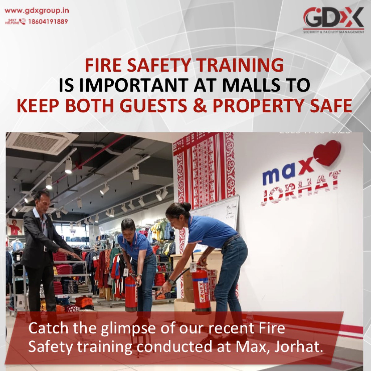 Catch the glimpse of our recent Fire Safety training conducted at Max, Jorhat.
#GDXGroup #GDXtech #GDXuniqueservices #GDX37YearsofServiceExcellence #SecurityServices #GDXtraining