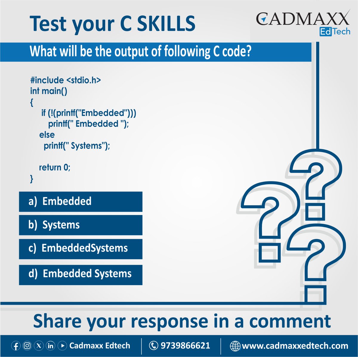 cadmaxxedtech's tweet image. *Test your C skills*

What will be the output of the program?

Post your response as comments

#cadmaxxedtech #cskill #DidYouKnow #qotd #Programming #cprogramming #programminglanguages