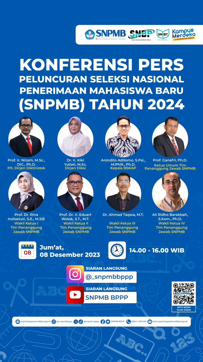 PoltekMadiun's tweet image. KONFERENSI PERS PELUNCURAN SELEKSI NASIONAL PENERIMAAN MAHASISWA BARU (SNPMB) TAHUN 2024

Konferensi Pers dapat diikuti melalui siaran langsung di kanal youtube SNPMB BPPP atau melalui Instagram Live @_snpmbbppp✨

#SNPMBBPPP
#SNPMB2024
#SNBP2024
#SNBT2024
#UTBK2024
