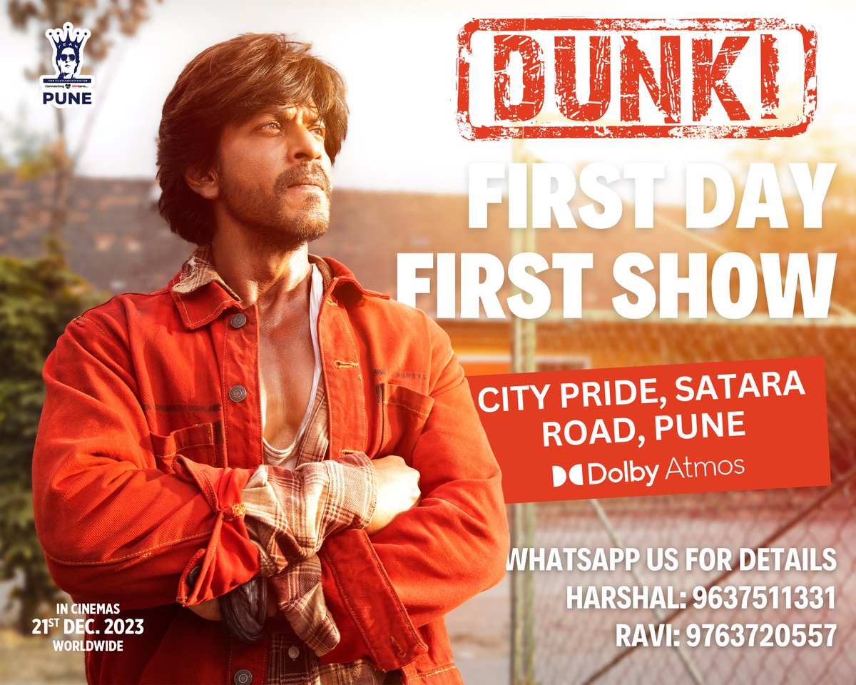 Join us for India's Biggest #DunkiFirstDayFirstShow happening in #Pune

To join us WhatsApp us on: +919637511331

#Dunki_Drop4 #Dunki #DunkiAdvance #DunkiFDFS #ShahRukhKhan #SRK #Bollywood #RajkumarHirani #TapseePannu #Pritam