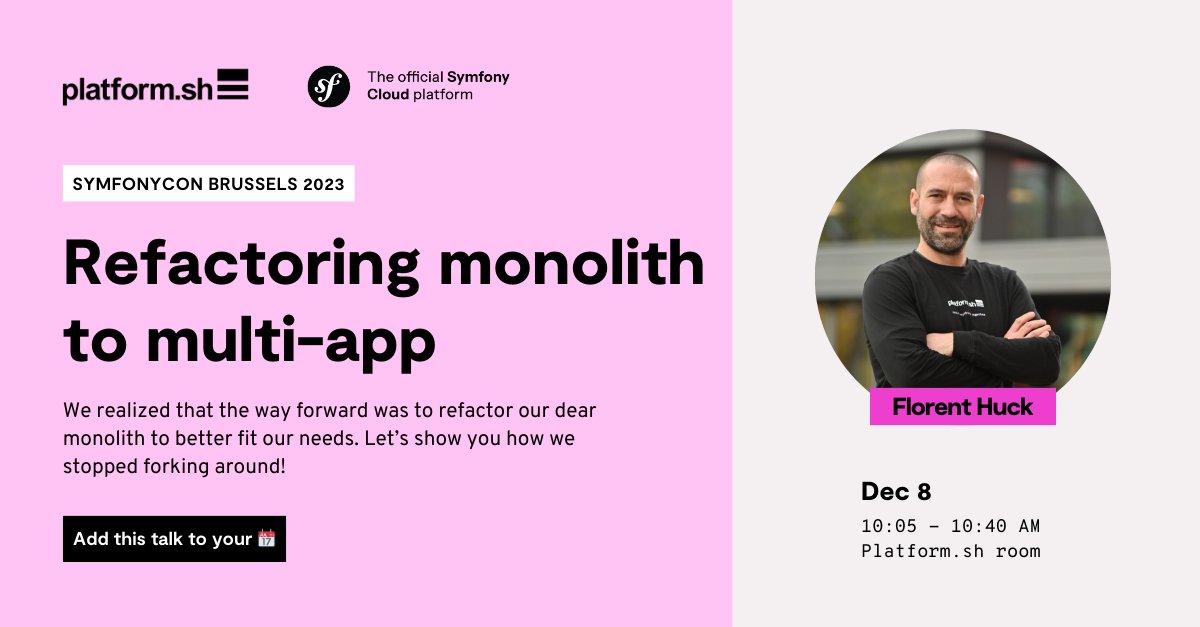 upsundotcom's tweet photo. Check your schedules and get ready for day two of #SymfonyCon Brussels 2023! 🔥
📆 Catch Florent HUCK in the #Platformsh room at 10:05 AM and learn more about "Refactoring monolith to multi-app".
🔎 Find out more: https://t.co/rWZR6eUjuS https://t.co/fQZQZ8Bs5Q