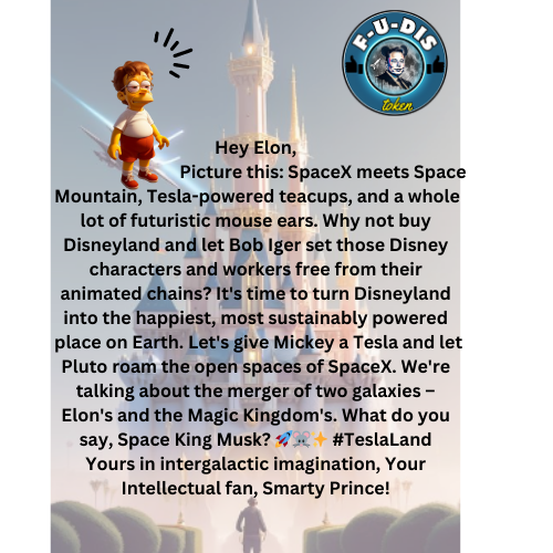 fudis01's tweet photo. Hey @elonmusk, Smarty Prince here, bringing you a wizardly whisper from our cosmic jesters. Contemplating the electrifying tango of Tesla sparks and cartoon utopias?  our viewers at https://t.co/MuBaUkYAjz present this question! #FudisToken #MickeyVSElon #MarvelSaveBob https://t.co/o4HSyd1i7P