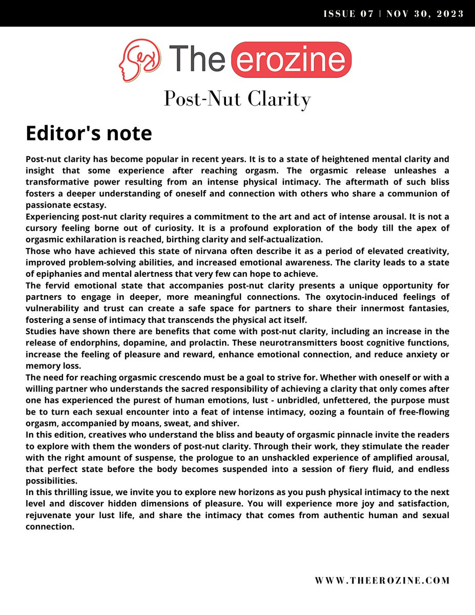 The Erozine, Issue 07.
Post-Nut Clarity issue.
Launched.
Read Here: theerozine.com/issue-07/
