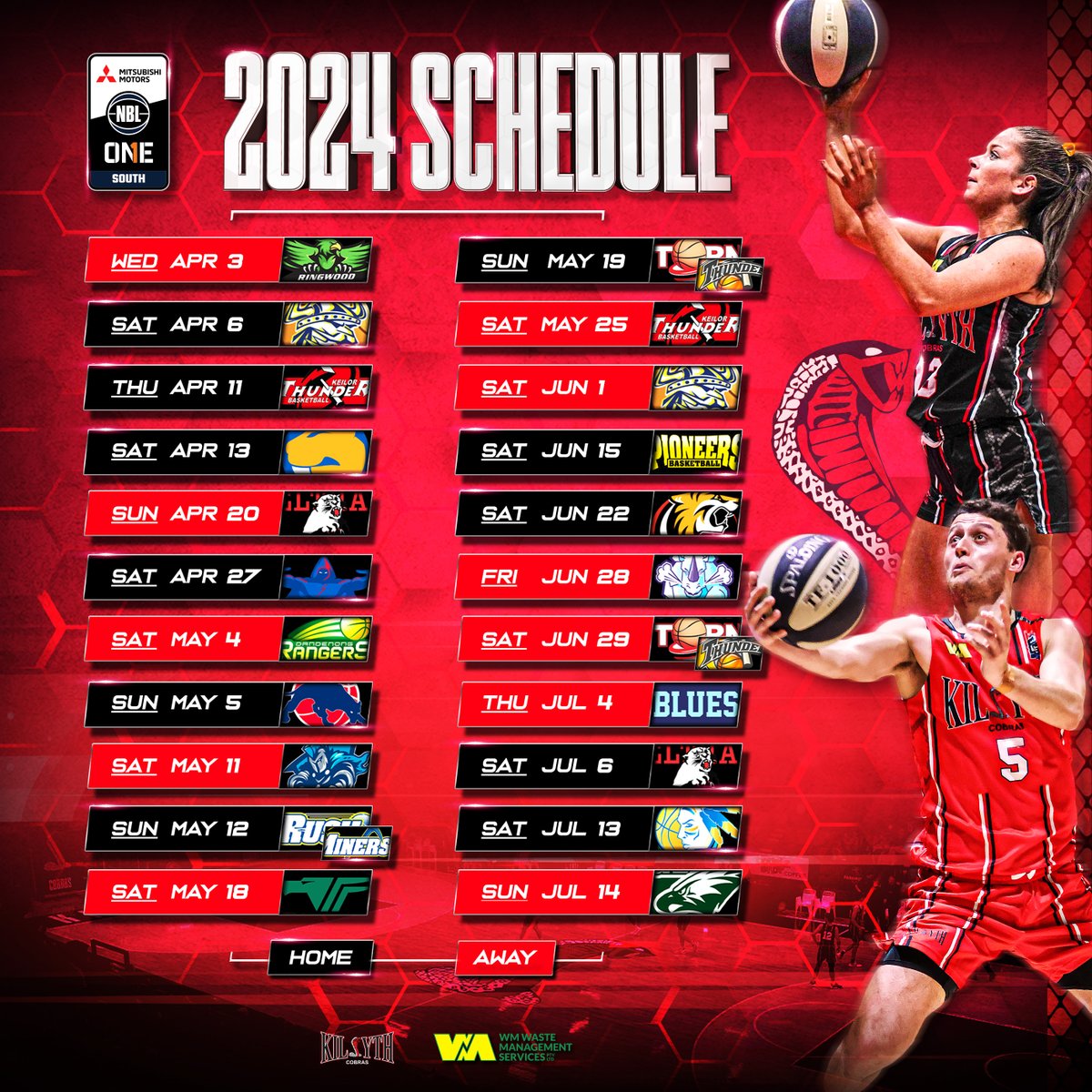 The 2024 NBL1 regular season schedule is here! 🐍

Headlined by 11 home games - including seven primetime Saturday nights and a Thursday night special - the 2024 season is set to be a HUGE one for your Cobra Men and Women 🔥

#NBL1South #NBL1