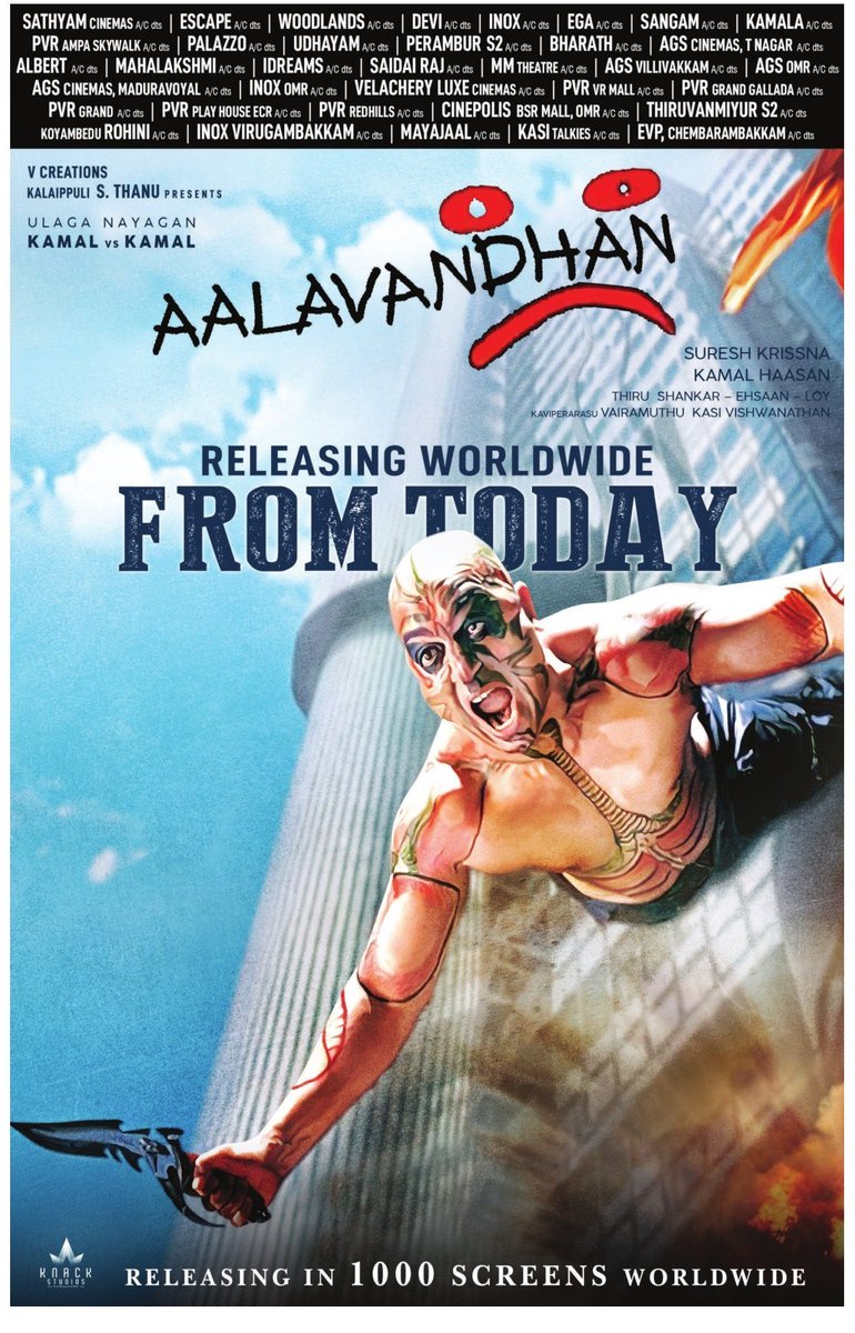 #Aalavandhan Re-Releases Today ! Experience the re-edited epic action extravaganza in 4K and #DolbyAtmos audio in 1000 + Screens Worldwide! @ikamalhaasan ! @Suresh_Krissna @theVcreations