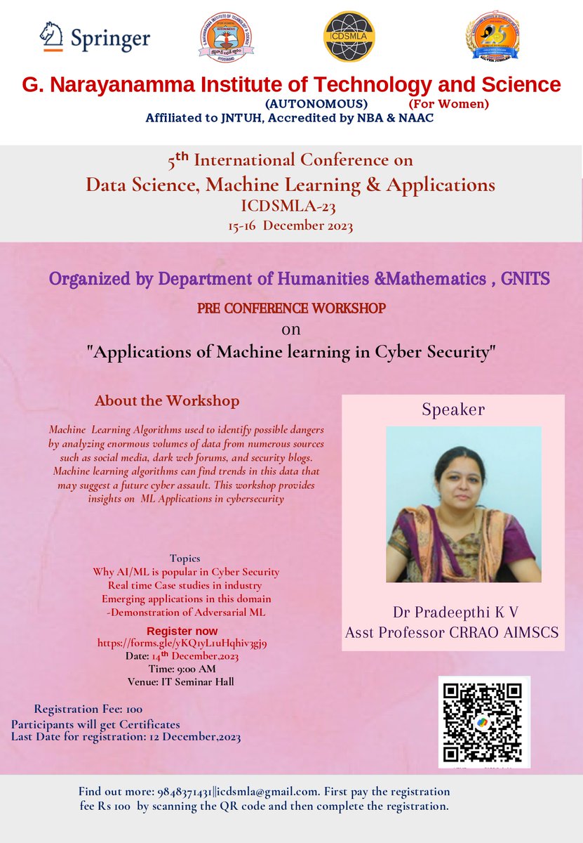 SocialIt31363's tweet photo. The Department of Information Technology organizing 5th International Conference on Data Science, Machine Learning &amp; Applications at GNITS, on December 15-16, 2023. So that Every department is hosting pre-conference workshops. https://t.co/MeDApgPPUH