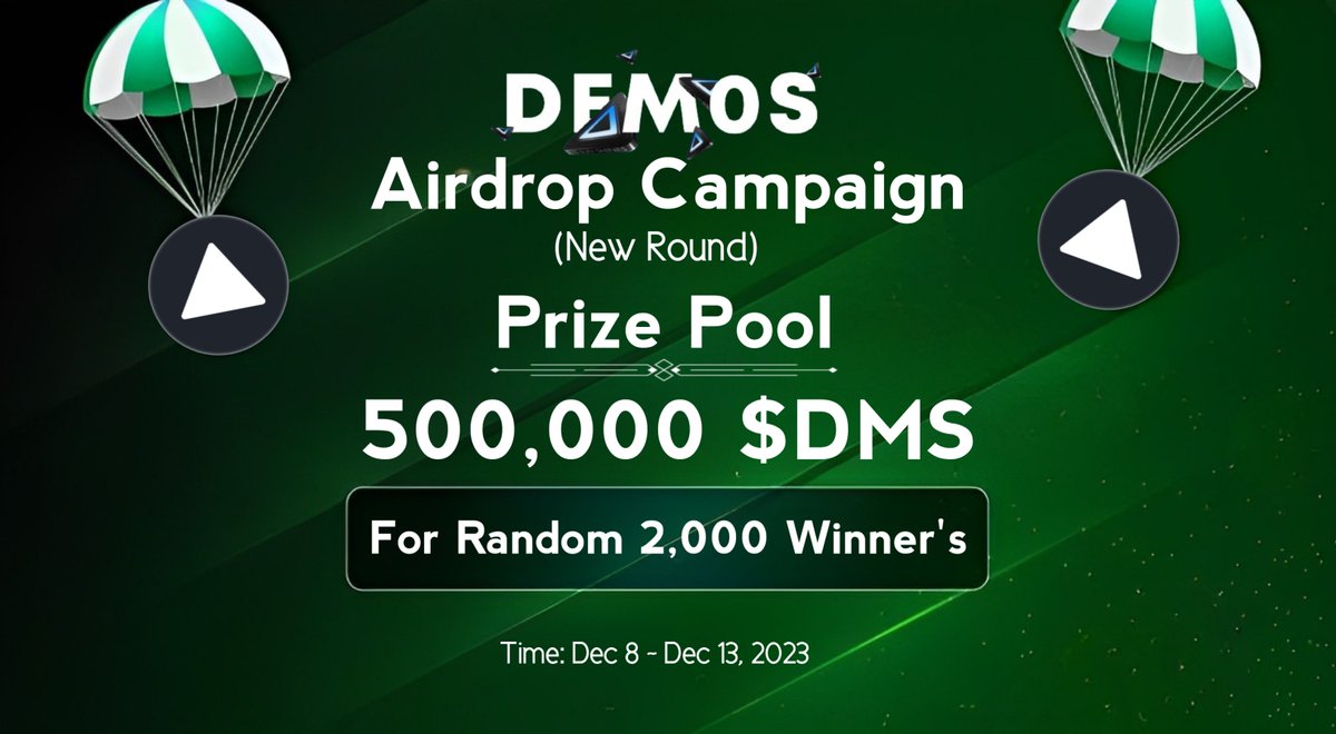 AirdropBrotherX's tweet image. 🪂 Airdrop: Demos Network (New Round)
💸 Reward: 200 $DMS (~$2)
🏆 Winner: 2,000 Random
👥 Top 50 Referal: 100,000 $DMS
📅 End date: 13th December

🔗 Airdrop Link: t.me/DemosAirdropNe…

🔘 Do the tasks on the bot &amp;amp; submit your data

#Airdrop #Airdrops #Bitcoin #Polygon #Demos