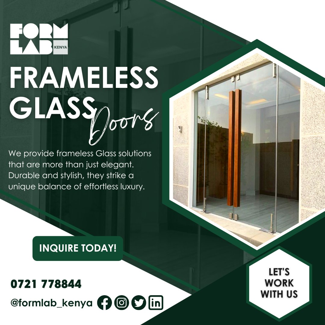 formlab_kenya's tweet photo. Frameless Glass Doors

Designed for a sleek, modern finish, our sliding doors are a great solution for both visual impact and practicality

Range of Styles
✔ Standard Sliding Door
✔ Stacker Sliding Door
✔ Bi-Parting Sliding Door
✔ Corner Sliding Door

Reach us@ 0721778844 ☎ https://t.co/YvJc4HD46J