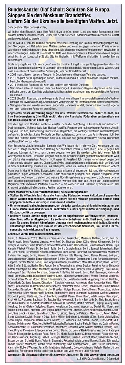 Aufruf an Bundeskanzler Scholz:
Schützen Sie Europa. 
Stoppen Sie den Moskauer Brandstifter.
Liefern Sie der Ukraine alle benötigten Waffen. 
Jetzt
Hier geht es zum Mitzeichnen: protect-europe.eu