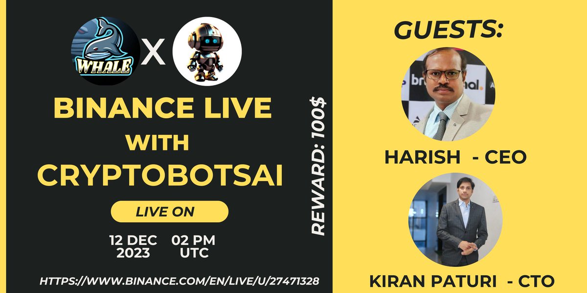 CryptoWhale1988's tweet photo. ποΈJoin us for the Binance Live AMA with #CryptoBotsAI
π°οΈΒ 12 Dec 2023 atΒ 02 PM UTC
β€οΈβπ©Ή Reward: 100$
π Venue: @Crypto_Whaleglobal
γ½οΈRules:
1β£ Follow
π @CryptoWhale1988
πΒ @CBAIOfficial
2β£ Like & RT
3β£ Comment Ques & Tag 3 Friends (Max 3) https://t.co/FLHz9tZFz4