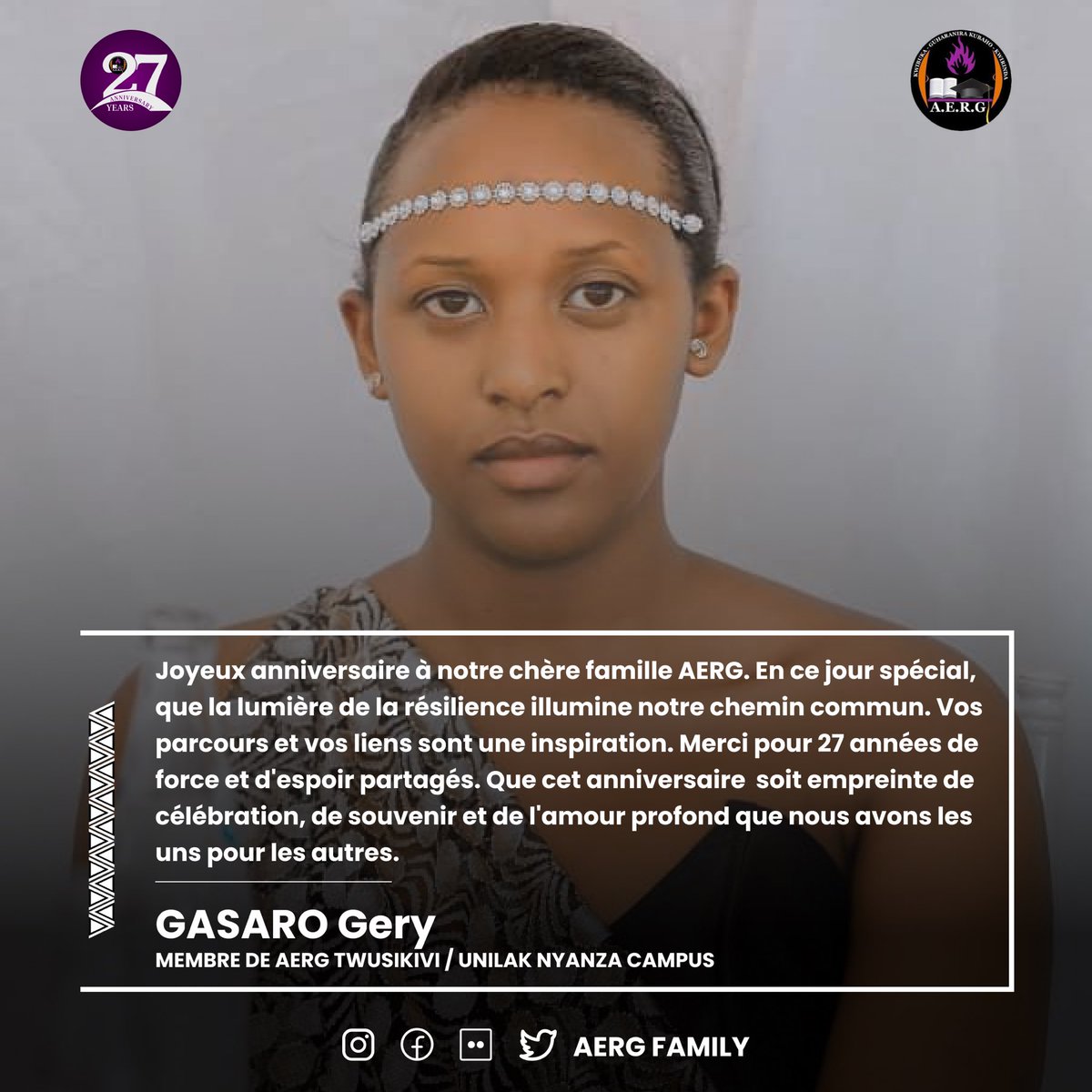 IBUKAYouth's tweet photo. Joyeux anniversaire à notre chère famille. Vos parcours et vos liens sont une inspiration. Merci pour 27 années de force et d'espoir partagés. Que cet anniversaire  soit empreinte de célébration.

Gasaro Gery 
Membre de AERG TWUSIKIVI/UNILAK Nyanza Campus

#AERG27
#NiRweme https://t.co/5OHRVeEXmz