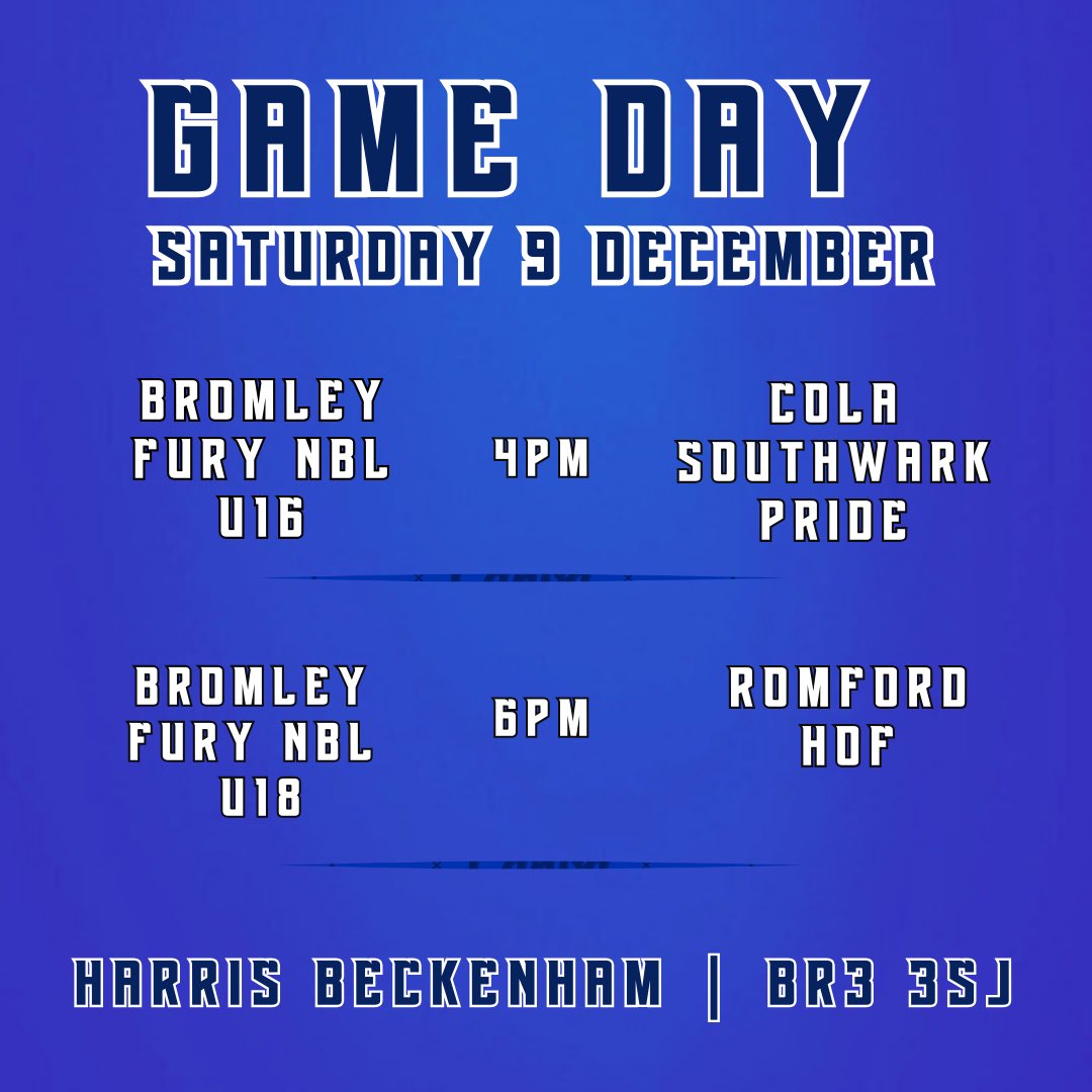 🔥DOUBLE HEADER 🔥

Our NBL U16 and U18 teams are in action this Saturday, taking on CoLA Southwark Pride and Romford HOF

Tips at 4pm and 6pm at Harris Beckenham. Come along and Bring The Fury🔥🏀🔥

#bromleybasketball  #bringthefury #bromley #basketballengland #basketball #NBL