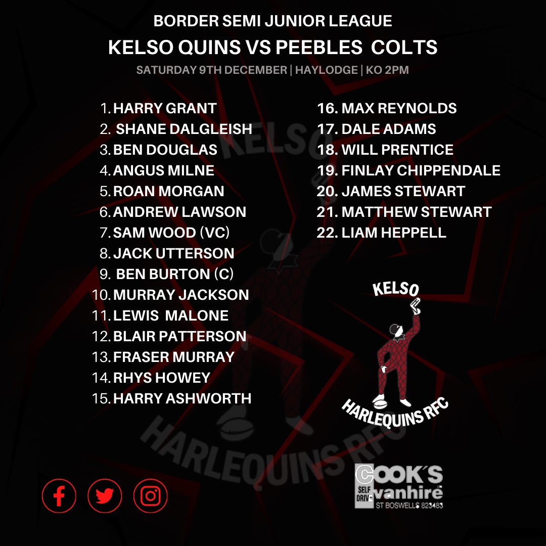 KelsoRugby's tweet image. SQUAD ANNOUNCEMENTS 

Kelso 1st XV squad to play against Selkirk RFC.

⏰ KO 3pm

Kelso Sharks to play against Selkirk A tomorrow. 

⏰KO 2pm

Kelso Quins squad to play against Peebles Colts tomorrow.

⏰ KO 2pm

⚫️⚪️

@lloydlandrover 

#OneClub #OneCommunity #blacknwhitejersey