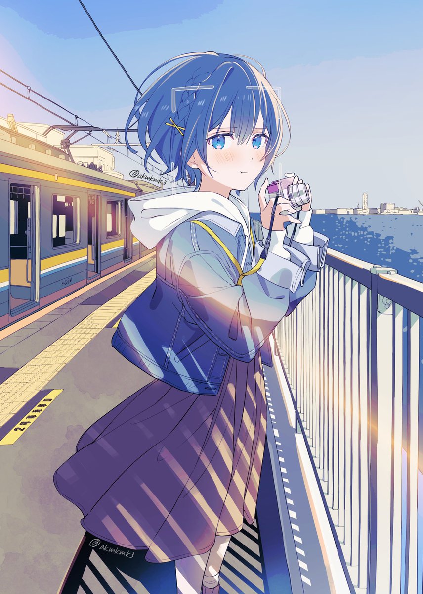 1girl railroad tracks solo blue eyes blue hair outdoors skirt  illustration images