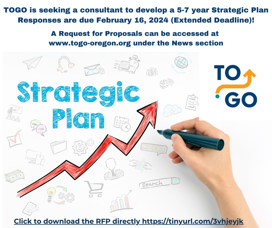 OregonToGo's tweet image. TOGO is seeking a consultant to develop a 5-7 year strategic plan. Responses to the RFP are due Feb. 16, 2023. For more info, visit togo-oregon.org/news