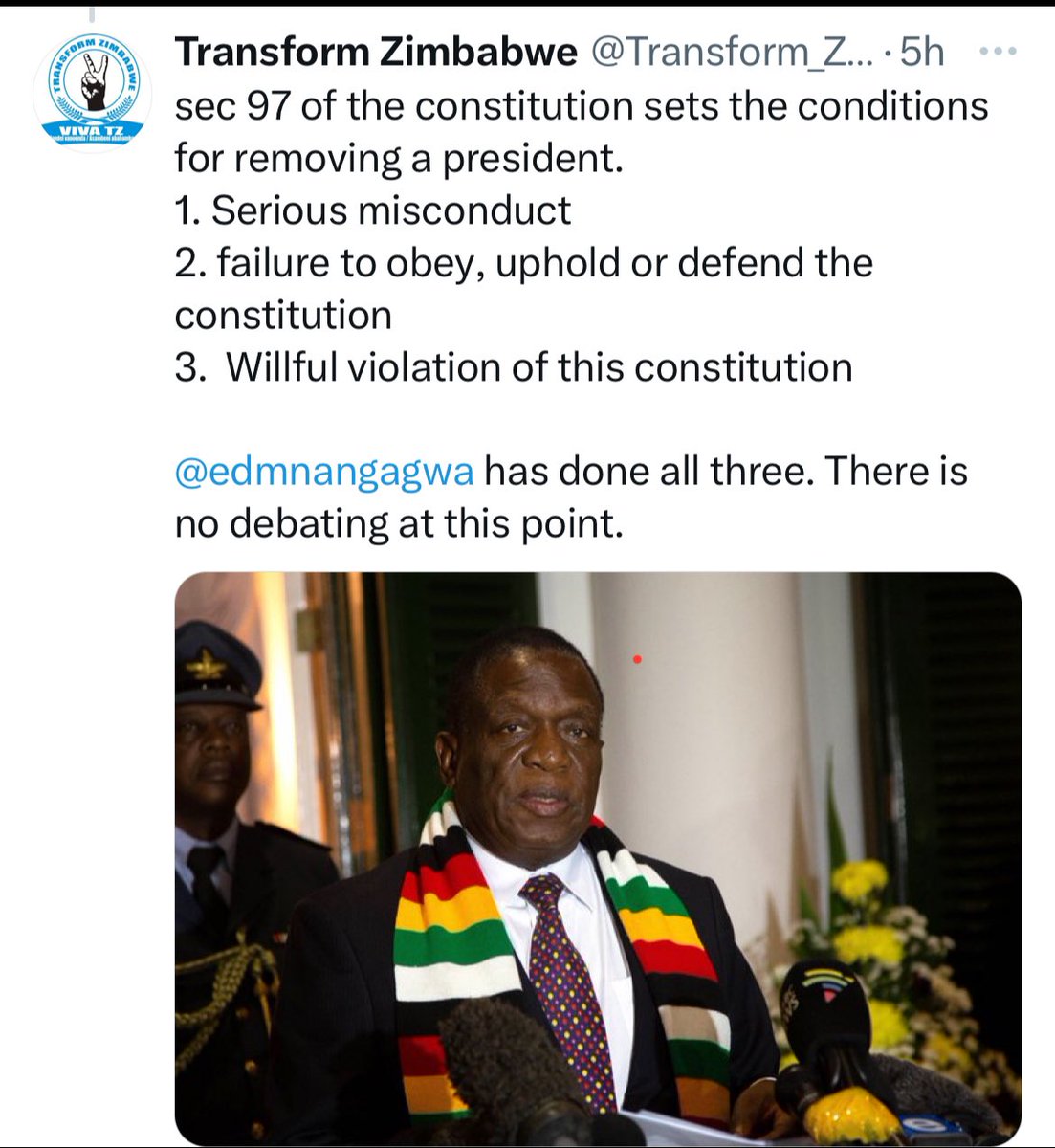 Transform_Zim's tweet photo. It’s time to put a stop to this national tragedy. The constitution is very clear on the requirements for removing a president This is something we need to do.
@ZLHRLawyers
#RealTalkTZ
#s97 https://t.co/EdLCNehQTa