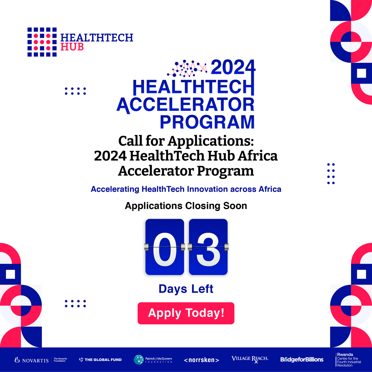 Application closing soon! You have three days left to position your venture for growth. Take advantage of the opportunity to shape a promising future for your venture. For more information and to apply: thehealthtech.org #HTHA2024 #AfricanStartups #Ventures #startups