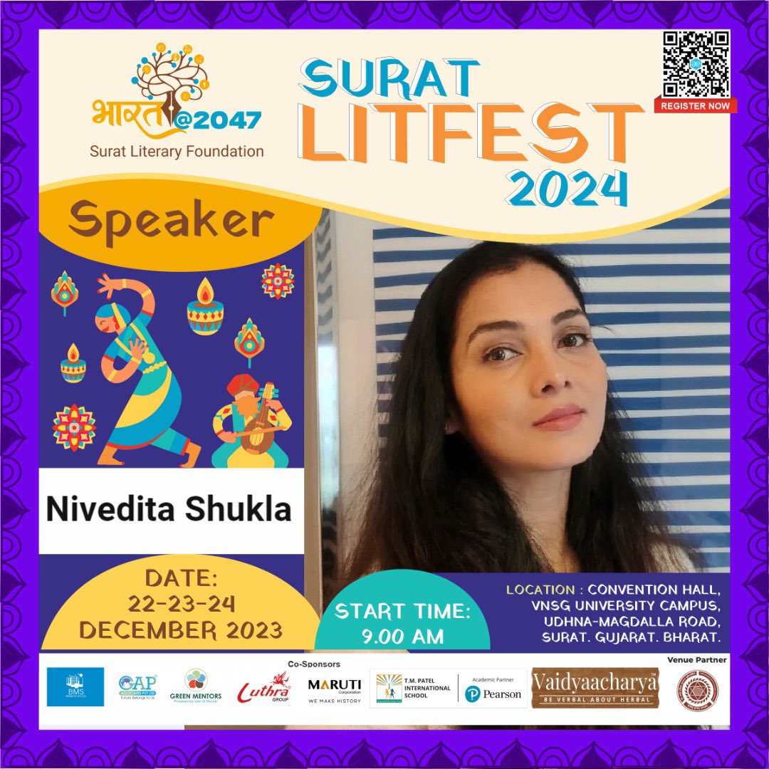 Srtlitfest's tweet photo. Author Nivedita Shukla from Dublin, Ireland, will be speaking at #Suratlitfest2024 at #Bharat@2047 
@OfRunjh https://t.co/k4gZJMN4yy