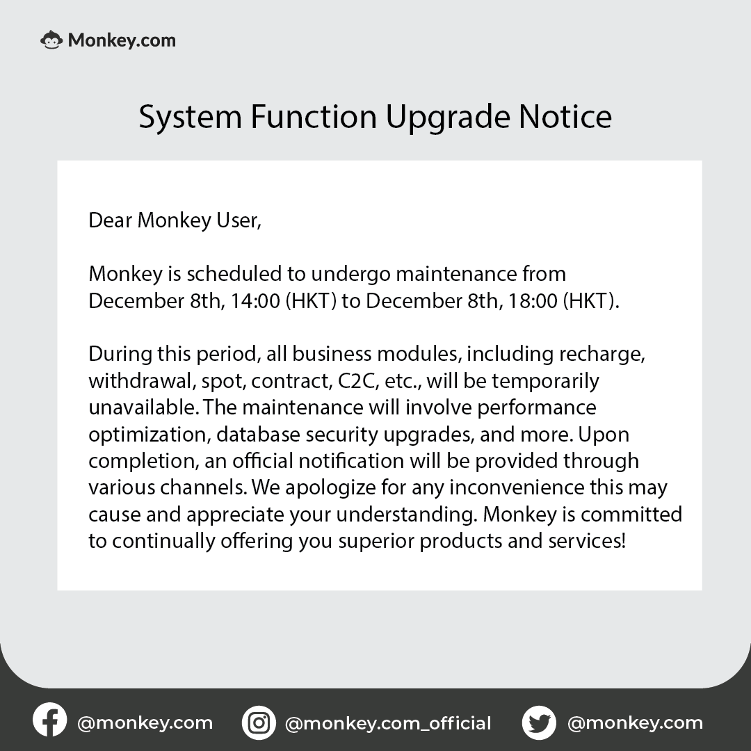 📌Announcement 📌

Monkey.com is scheduled to undergo maintenance from December 8th, 14:00 (HKT) to December 8th, 18:00 (HKT) 🚧🚧

#monkeyexchange #systemupgrade