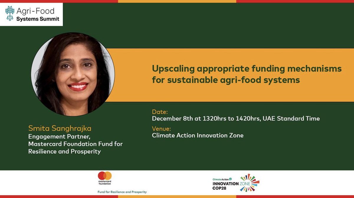 FRP_prosperity's tweet photo. What innovative financing mechanisms support sustainability in agriculture? Smita Sanghrajka from the Fund will be giving its view in the panel session today on upscaling appropriate funding mechanisms for sustainable agri-food systems at #AFSS. @Climate_Action_ #COP28UAE https://t.co/0Fngf7T39e