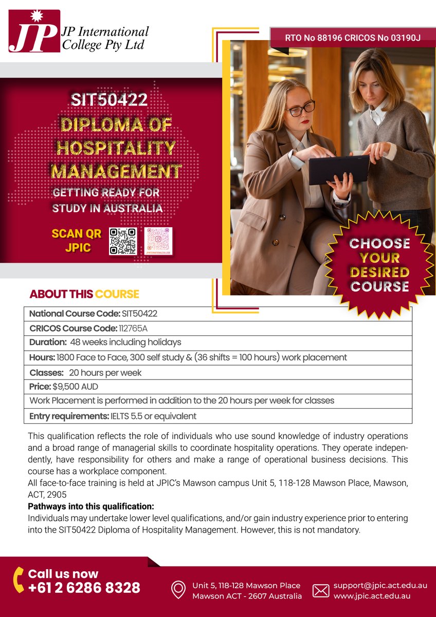 JP International College (@jpinternation15) on Twitter photo SIT50422 Diploma of Hospitality Management
For more information:
jpic.act.edu.au
marketing@jpic.act.edu.au
+61 262868328
#JPIC
#StudyInAustralia
#HospitalityEducation
#CanberraCollege
#GlobalHospitality
#ManagementCourses
#CommercialCookery SIT50422 Diploma of Hospitality Management
For more information:
jpic.act.edu.au
marketing@jpic.act.edu.au
+61 262868328
#JPIC
#StudyInAustralia
#HospitalityEducation
#CanberraCollege
#GlobalHospitality
#ManagementCourses
#CommercialCookery