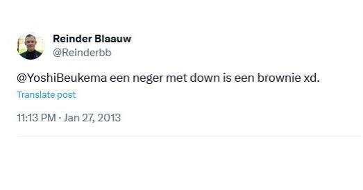 CrazyDutchPol's tweet photo. In a now deleted tweet, MP Reinder Blaauw (PVV) states: "a n***** with down (syndrome) is a brownie" (2013) https://t.co/5mcbZo284i