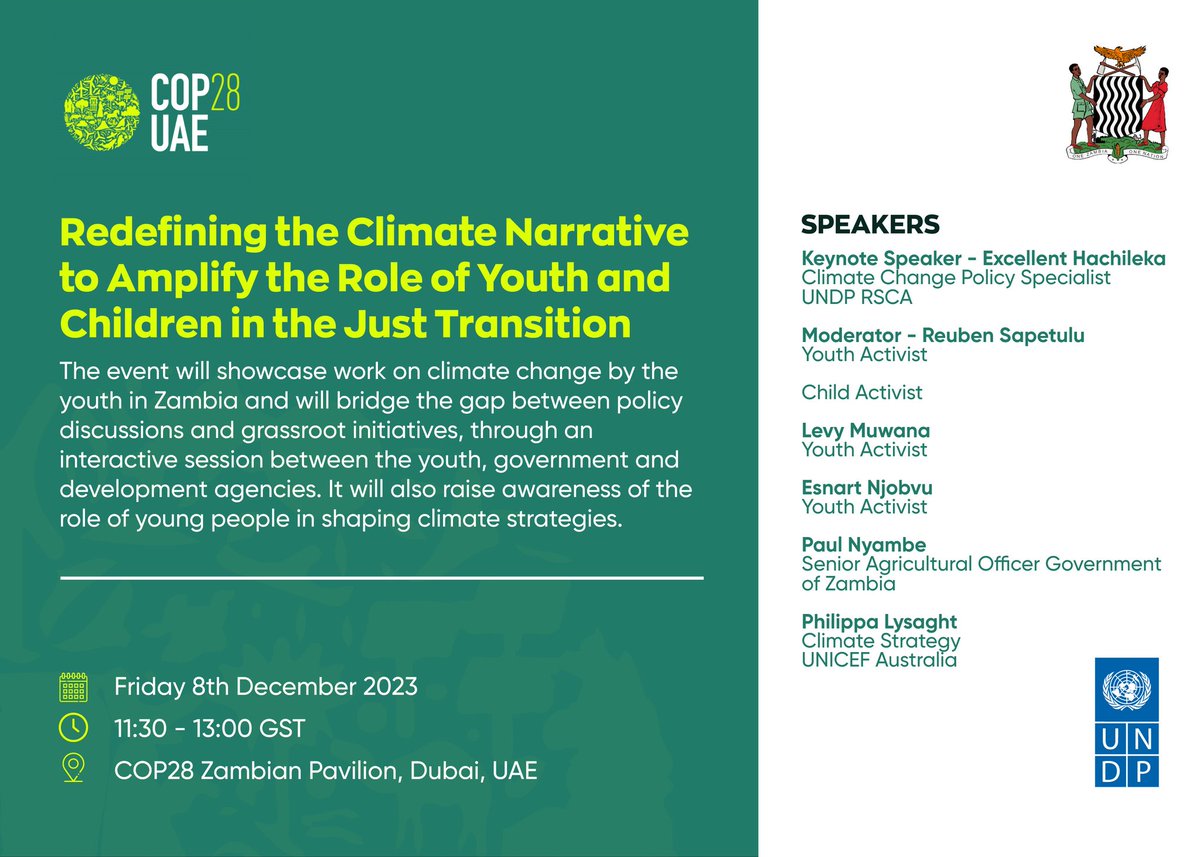 Esnart49's tweet photo. Not at COP28 Dubai, 
No worries. The session  will be streamed live on various platform
ZOOM: https://t.co/guQxCbD1KR
Password; 235389.
And on the official LCOY-ZAMBIA Facebook page. 
#COP28 https://t.co/A19ypK68Jr