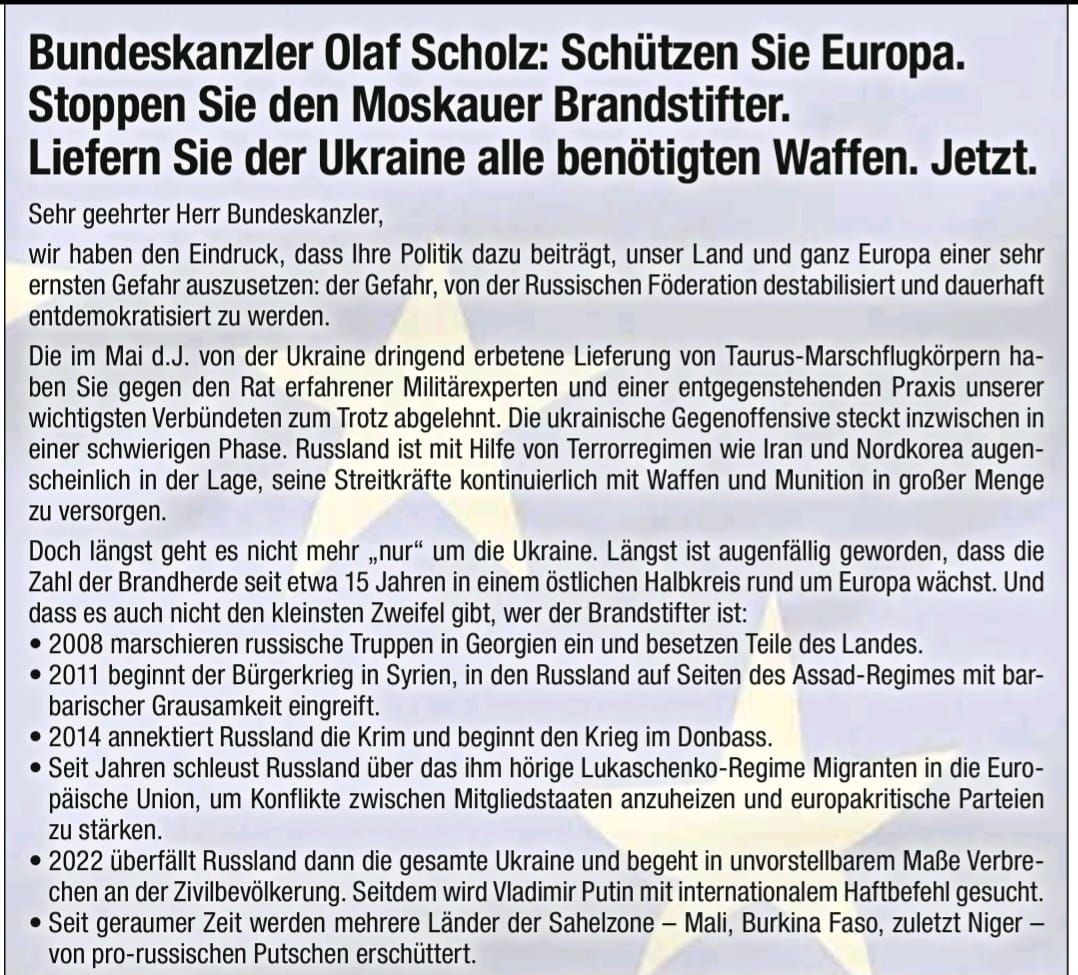 StompSava's tweet image. Unser Offener Brief an .@Bundeskanzler 
siehe .@tagesspiegel

Bundeskanzler Olaf Scholz: 
Schützen Sie Europa. 
Stoppen Sie den Moskauer Brandstifter.
Liefern Sie der Ukraine alle benötigten Waffen.

protect-europe.eu 

#ProtectEurope 
#FreeTheTaurus