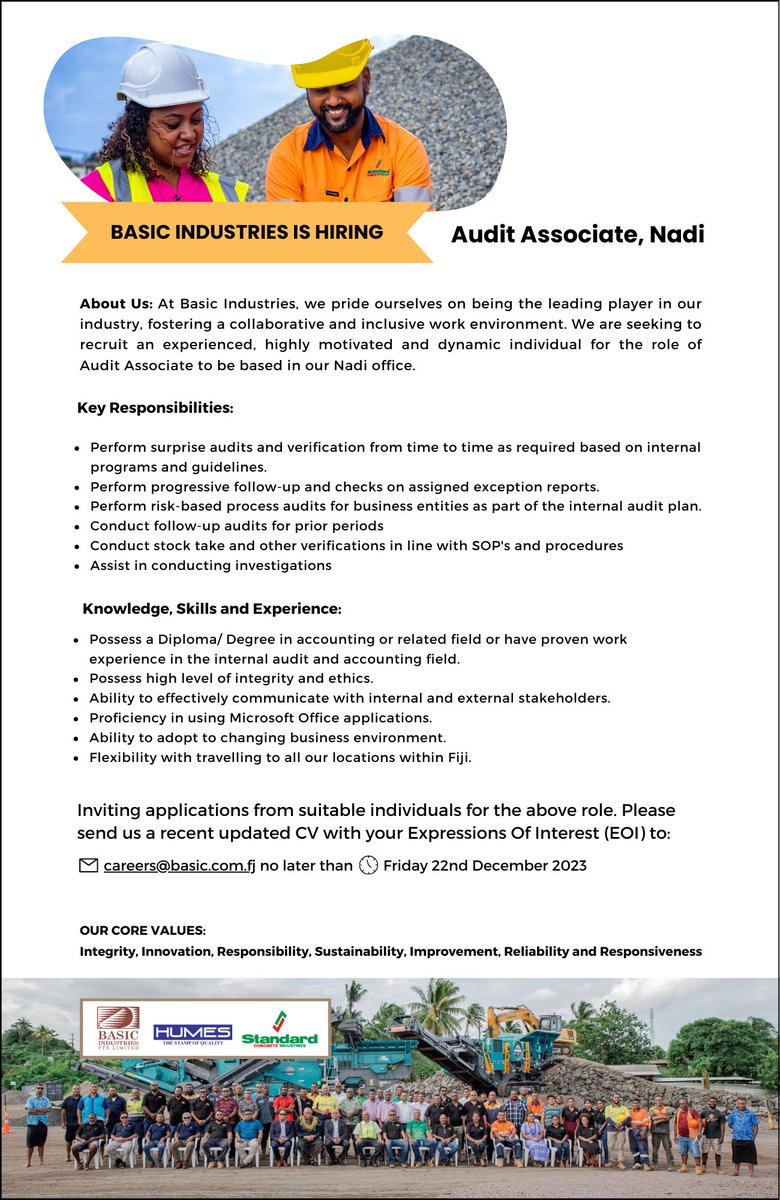 Hiring an Audit Associate to be based in our Nadi office. Please send us a recent updated CV with your Expressions Of Interest (EOI) to careers@basic.com.fj no later than Friday 22nd December 2023. #teamFiji  #jobs #fijijobs #jobsinfiji