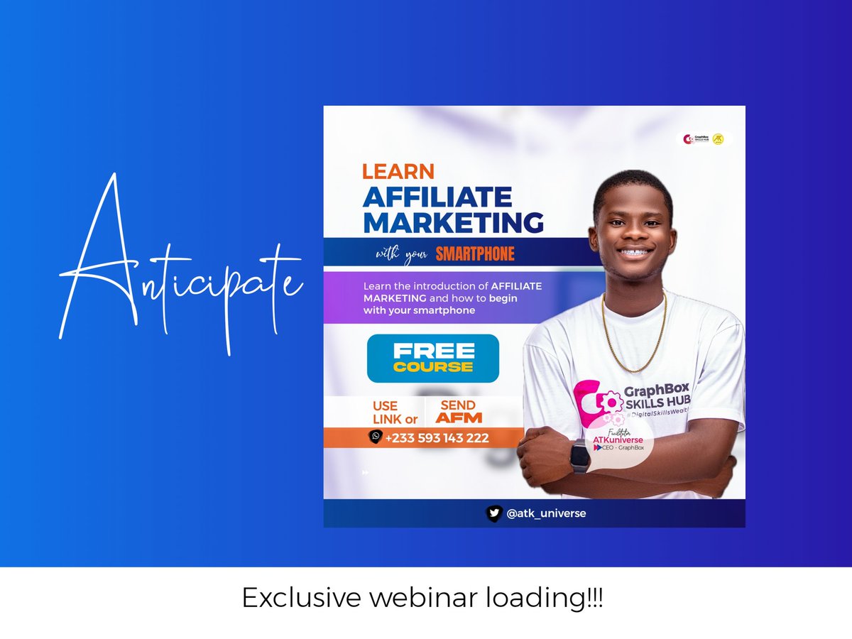 atk_universe's tweet photo. Watch out for another Exclusive session on Affiliate Marketing for absolute beginners. .. Date and time will be communicated soon✅✅✅
.
.
Refuse to send your hardship to an innocent year.
#atkuniverse #GraphBoxSkillsHub https://t.co/ZkGC3A5DxG