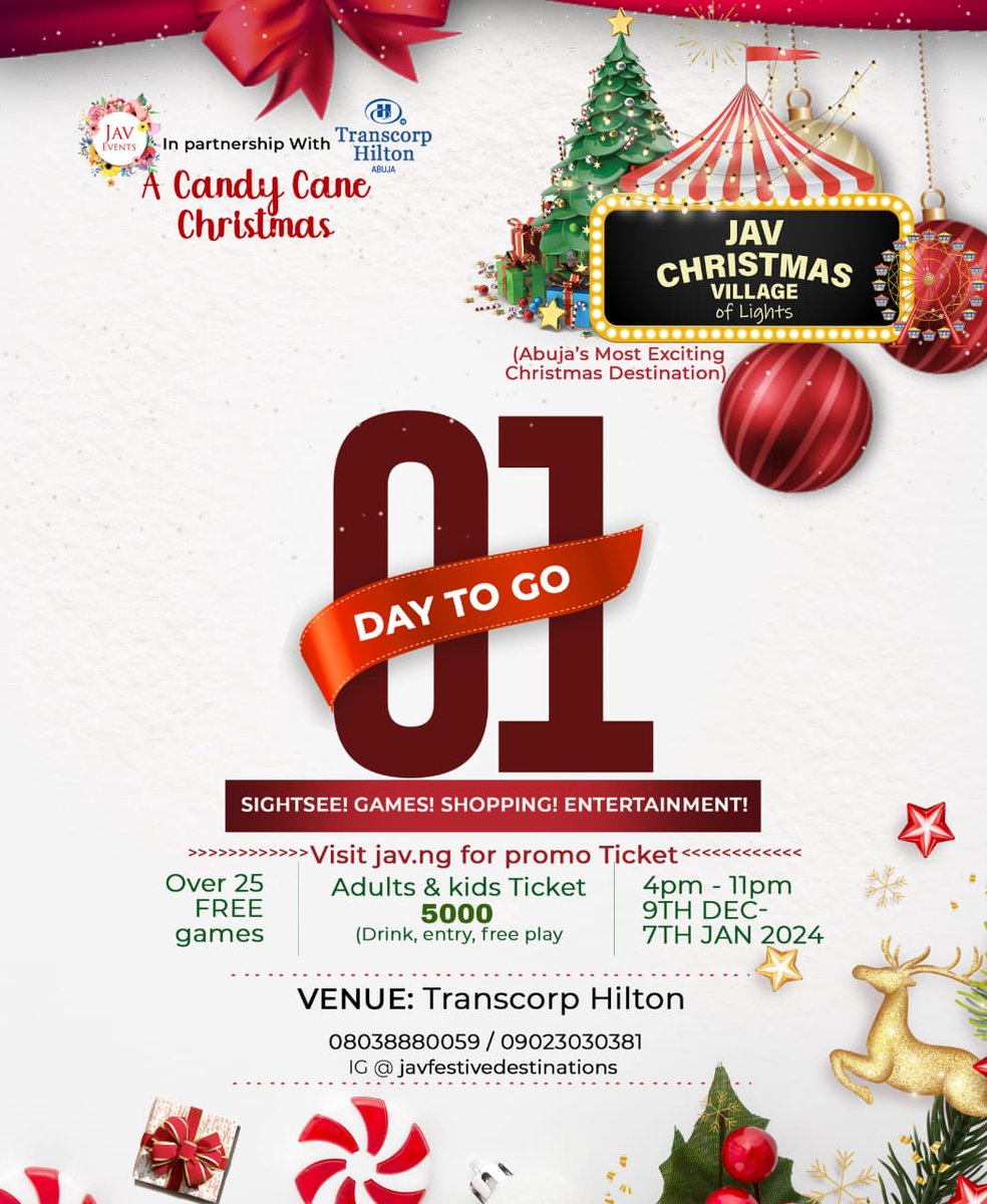 My location  for tomorrow  na Transcorp Hilton, cos I dey attend the  JAV Christmas Village 
“Turn on the Lights!!!” Let's linkup #AbujaTwitterCommunity

Get your ticket here - Jav.ng

Cheers 🍻  to the weekend #javchristmas 

CC; @musingsofenigma and @BujLife