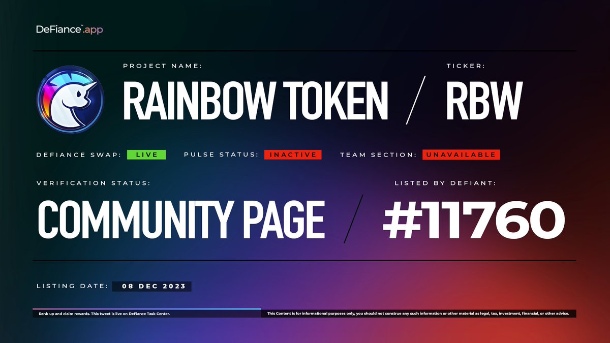 DeFiance_App's tweet photo. .@crypto_unicorns community page is now live on https://t.co/cSN1SYsagd.
$RBW is now listed on #DeFianceSwap.
Crypto Unicorns is a new blockchain-based game centered around awesomely unique Unicorn NFTs which players can use in a fun farming simulation and in a variety of exciting battle loops. $RBW is the native & governance token.
Learn more at: https://t.co/ENgzhuZZWs.
#CryptoUnicorns #DeFianceApp