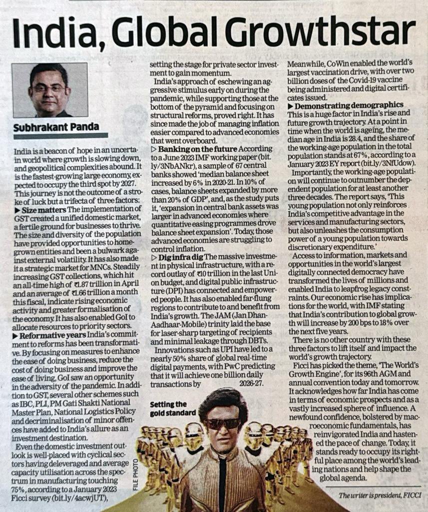 subhrakantpanda's tweet photo. My final OpEd as President @ficci_india is on the theme of the 96th AGM and Annual Convention #TheWorldsGrowthEngine. The trifecta of a large unified domestic market, sustained reforms, and favourable demographics which is driving India’s economic rise, benefiting the world in the process.

@PMOIndia @PIB_India

#FICCIAGM