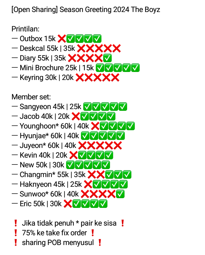 raatotheraa's tweet photo. Bii yuk sharing sg24 bareng akuu

[Open Sharing] Season Greeting 2024 The Boyz

💰 Price on pict
❗ * Pair ke sisa jika tidak penuh
✔️ Bersih INA
❌ Packing
📍 Jatim

T. Wtb wts wto sg24 tbz hyunjae younghoon sunwoo changmin juyeon new eric sangyeon haknyeon jacob kevin https://t.co/Gjc0IF2Z8V